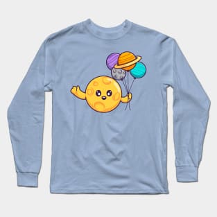 Cute Moon Holding Planet Balloon Cartoon Long Sleeve T-Shirt